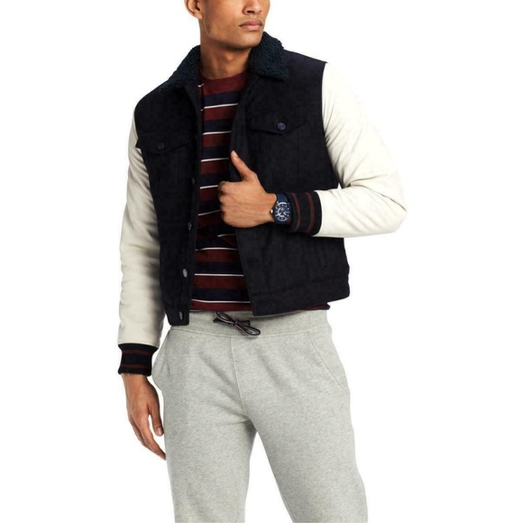 Tommy Hilfiger Jacket Bomber Elmwood Leather Wool Navy Blue Men Sz M NEW NWT 243